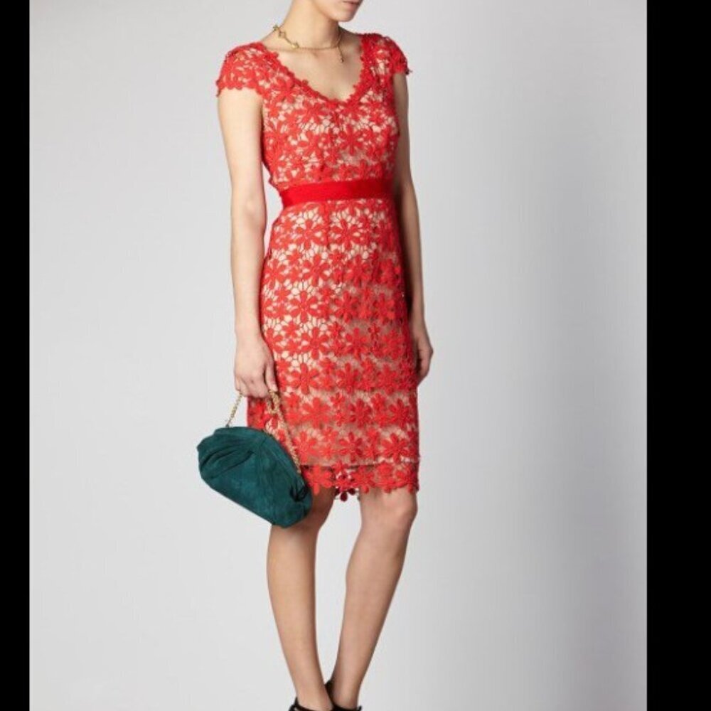 HOSS INTROPIA Red Guipure Floral Lace Sheath Dress - Size 42 (US 10)